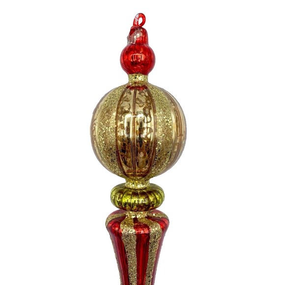 12” Vintage Red Gold Blown Glass Finial Christmas Tree Ornament Glitter - Picture 2 of 7